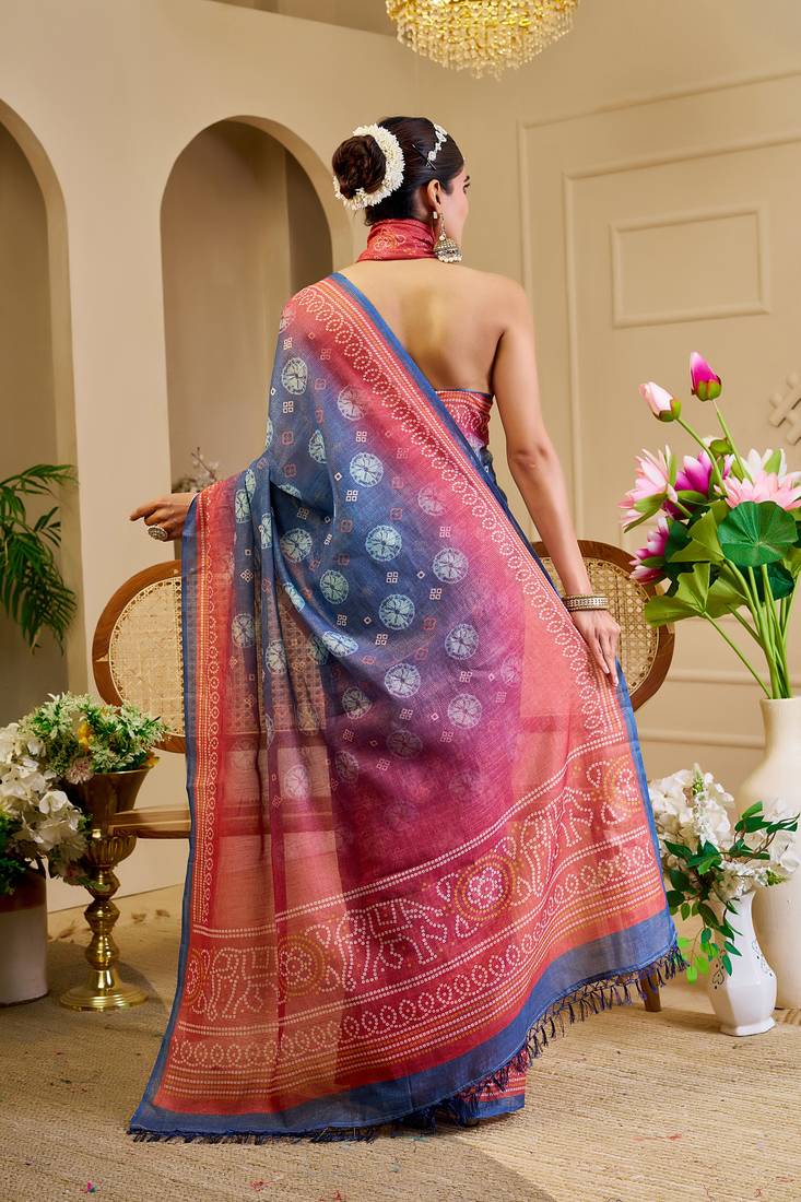 blue red cotton blend zari weaving floral digital print festive saree with unstitched blouse piece