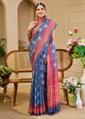 blue red cotton blend zari weaving floral digital print festive saree with unstitched blouse piece 4