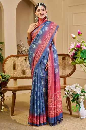 blue red cotton blend zari weaving floral digital print festive saree with unstitched blouse piece