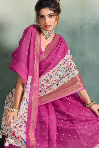 Pink color linen fabric graceful festive looks fancy saree