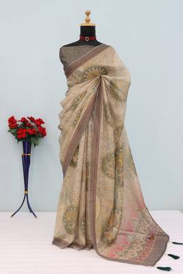 beige brown cotton blend zari weaving floral digital print festive saree with unstitched blouse piece 1