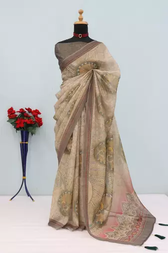 beige brown cotton blend zari weaving floral digital print festive saree with unstitched blouse piece