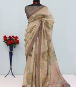 beige brown cotton blend zari weaving floral digital print festive saree with unstitched blouse piece