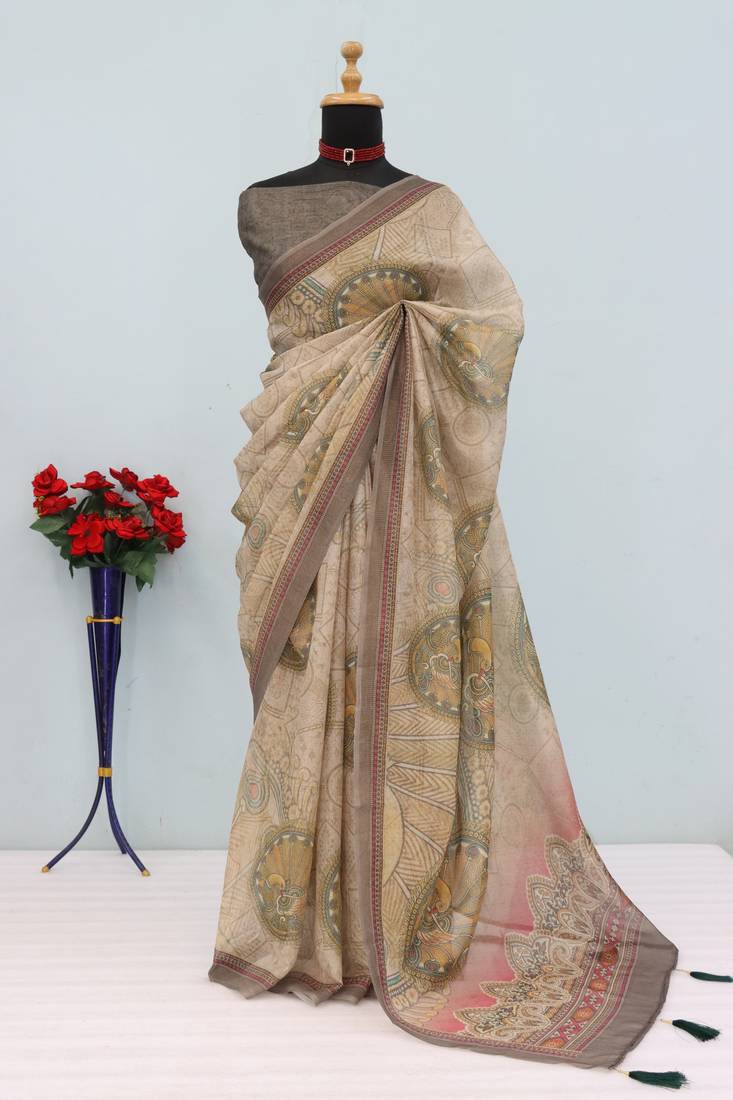 beige brown cotton blend zari weaving floral digital print festive saree with unstitched blouse piece