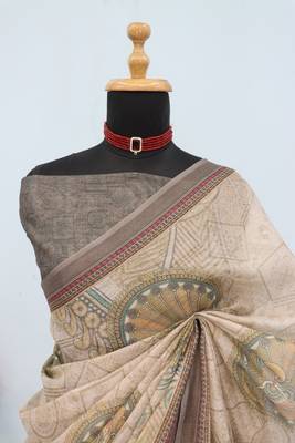beige brown cotton blend zari weaving floral digital print festive saree with unstitched blouse piece 2