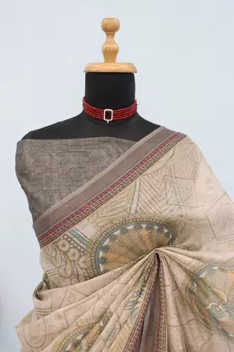 beige brown cotton blend zari weaving floral digital print festive saree with unstitched blouse piece