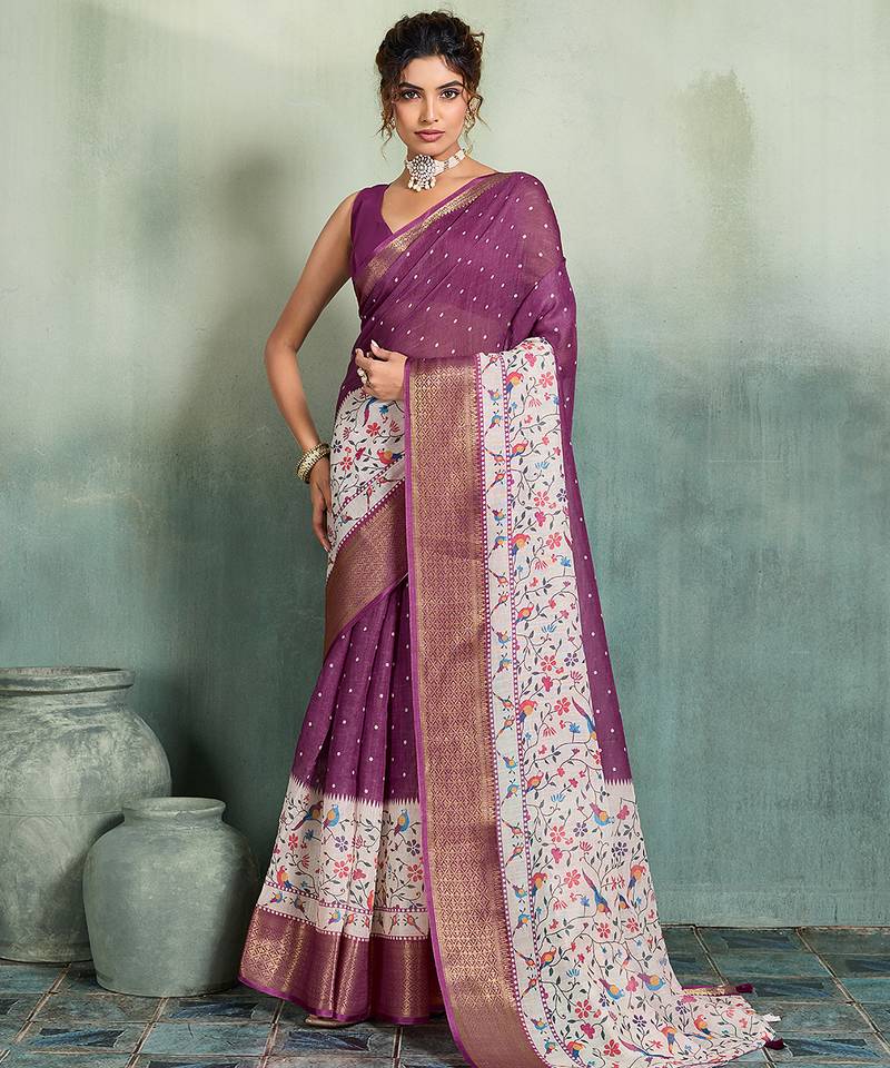 Purple color linen fabric graceful festive looks fancy saree