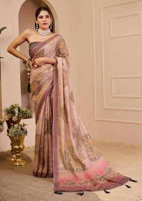 beige brown cotton blend zari weaving floral digital print festive saree with unstitched blouse piece 1