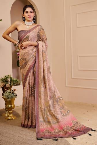 beige brown cotton blend zari weaving floral digital print festive saree with unstitched blouse piece