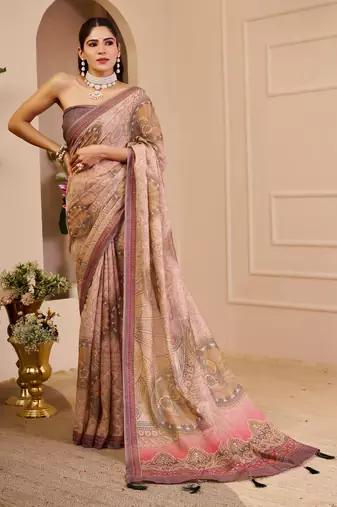 beige brown cotton blend zari weaving floral digital print festive saree with unstitched blouse piece
