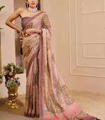 beige brown cotton blend zari weaving floral digital print festive saree with unstitched blouse piece