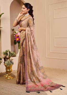beige brown cotton blend zari weaving floral digital print festive saree with unstitched blouse piece 2