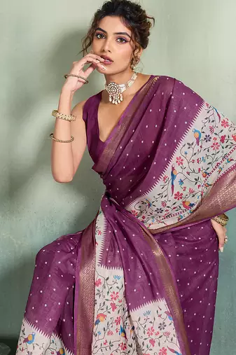 Purple color linen fabric graceful festive looks fancy saree