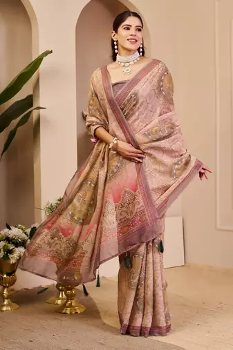 beige brown cotton blend zari weaving floral digital print festive saree with unstitched blouse piece