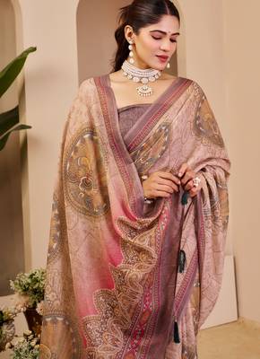 beige brown cotton blend zari weaving floral digital print festive saree with unstitched blouse piece 5