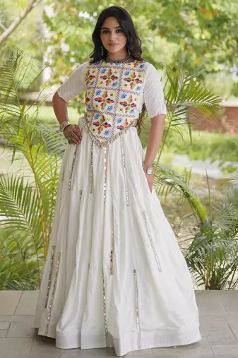 White Rayon Readymade Navratri Lehenga Choli with Embroidery & Miroor Work