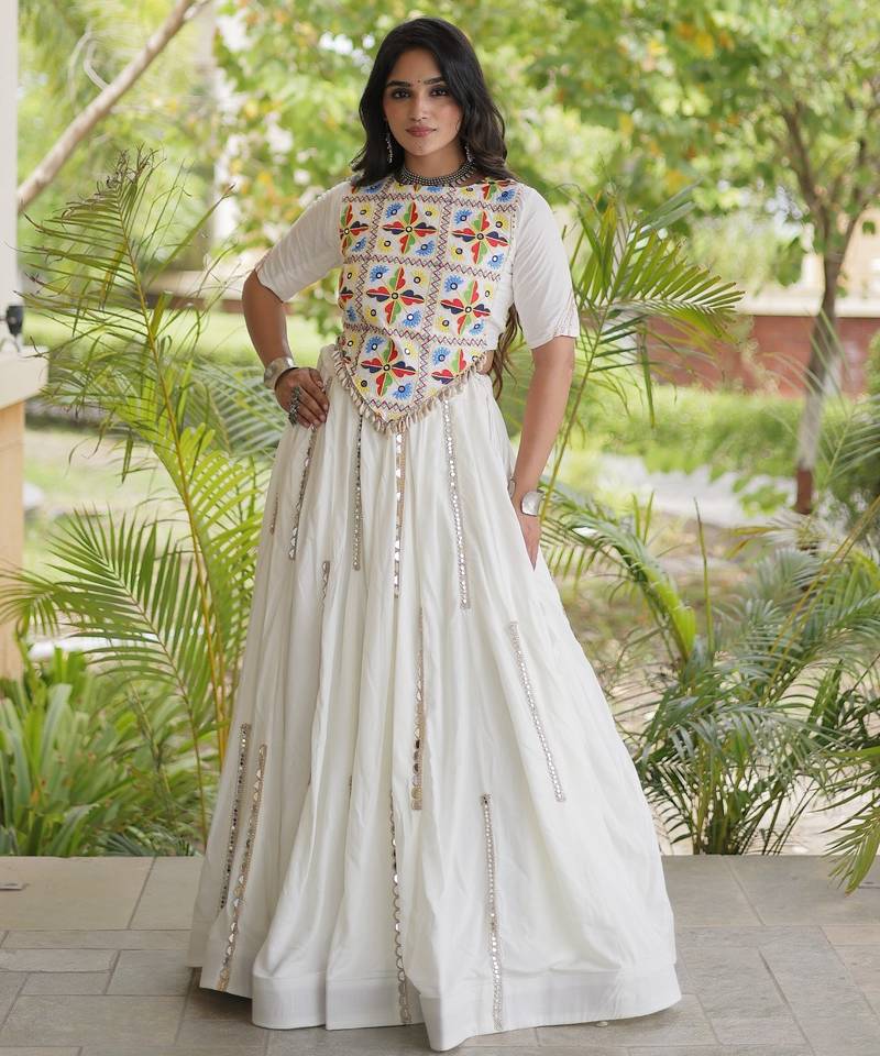 White Rayon Readymade Navratri Lehenga Choli with Embroidery & Miroor Work