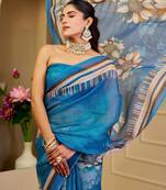 blue cotton blend zari weaving floral digital print festive saree with unstitched blouse piece