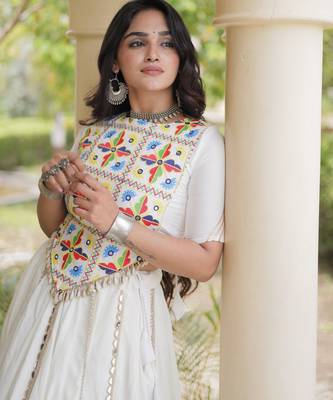 White Rayon Readymade Navratri Lehenga Choli with Embroidery & Miroor Work 2