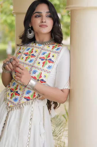 White Rayon Readymade Navratri Lehenga Choli with Embroidery & Miroor Work