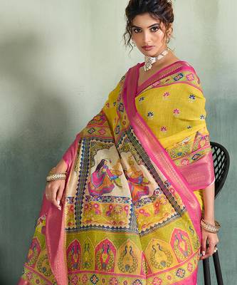 Yellow color linen fabric graceful festive looks fancy saree 3