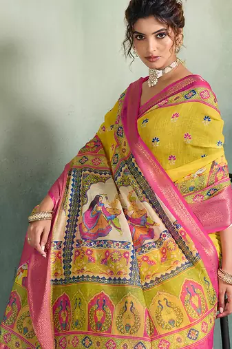 Yellow color linen fabric graceful festive looks fancy saree