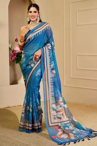 blue cotton blend zari weaving floral digital print festive saree with unstitched blouse piece