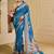 blue cotton blend zari weaving floral digital print festive saree with unstitched blouse piece