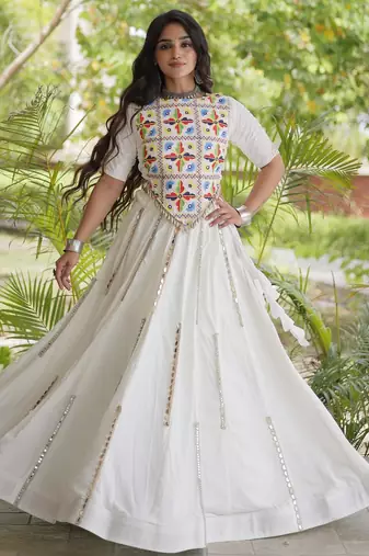 White Rayon Readymade Navratri Lehenga Choli with Embroidery & Miroor Work