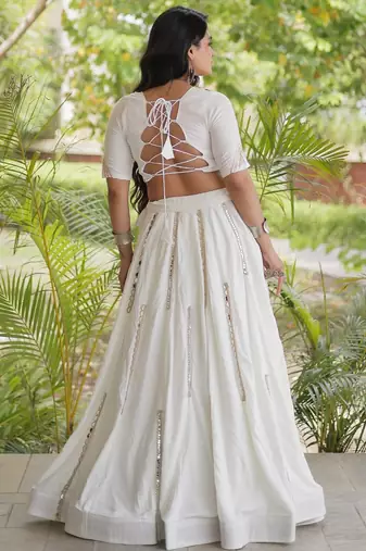 White Rayon Readymade Navratri Lehenga Choli with Embroidery & Miroor Work