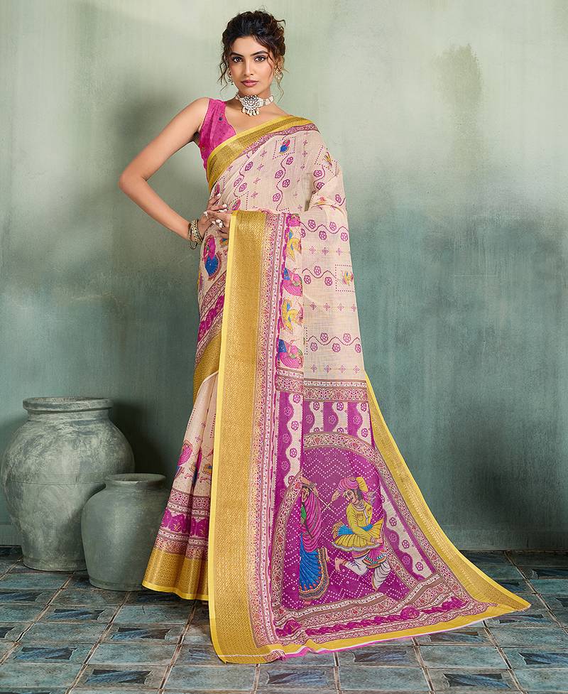 Off white color linen fabric graceful festive looks fancy saree