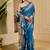 blue cotton blend zari weaving floral digital print festive saree with unstitched blouse piece