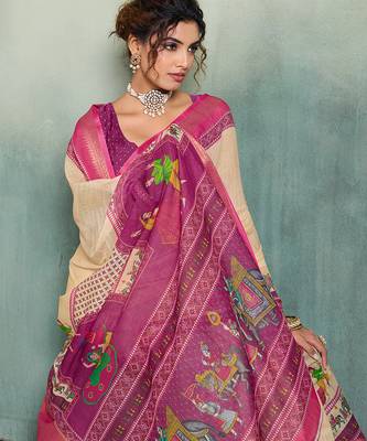Cream color linen fabric graceful festive looks fancy saree 3