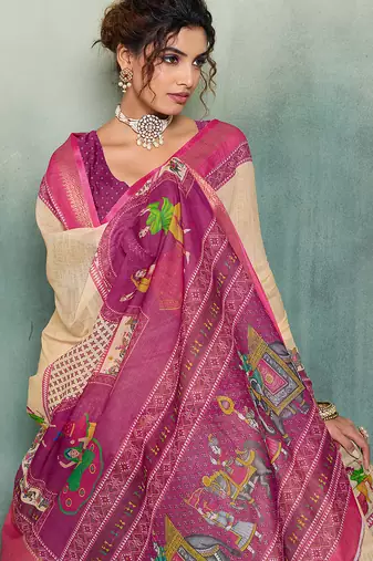 Cream color linen fabric graceful festive looks fancy saree
