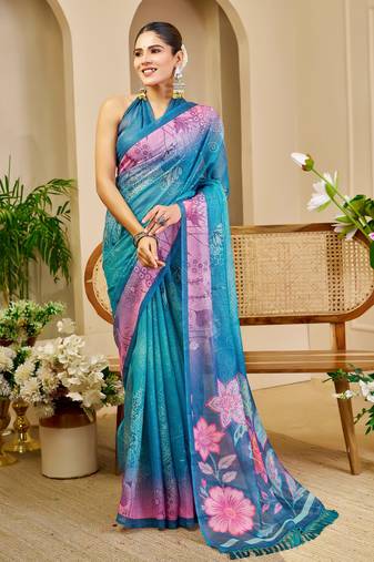 blue cotton blend zari weaving floral digital print festive saree with unstitched blouse piece