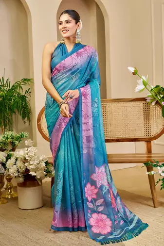 blue cotton blend zari weaving floral digital print festive saree with unstitched blouse piece