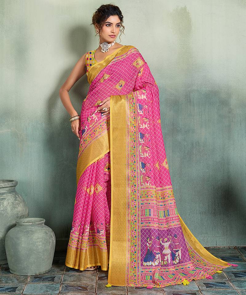 Pink color linen fabric graceful festive looks fancy saree
