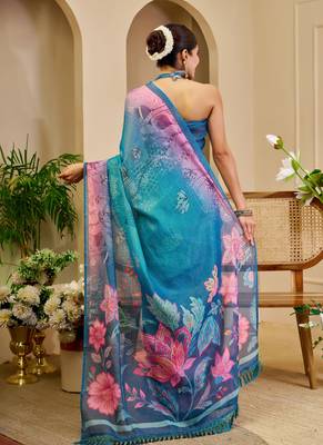blue cotton blend zari weaving floral digital print festive saree with unstitched blouse piece 3