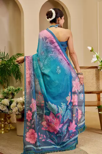 blue cotton blend zari weaving floral digital print festive saree with unstitched blouse piece