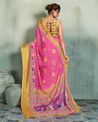 Pink color linen fabric graceful festive looks fancy saree 2