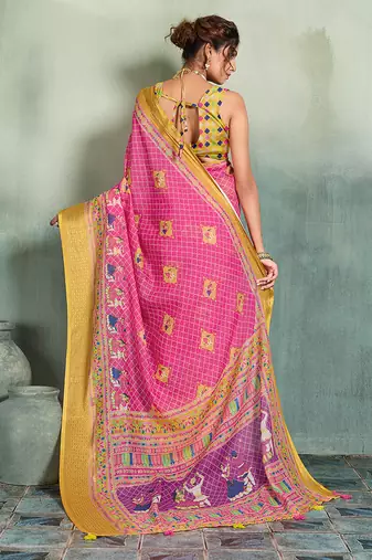 Pink color linen fabric graceful festive looks fancy saree