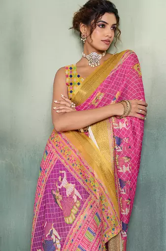 Pink color linen fabric graceful festive looks fancy saree