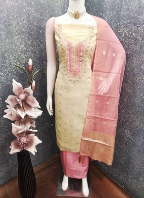  beige & contrast embroidered shimmer unstitched dress material with mirror work 2