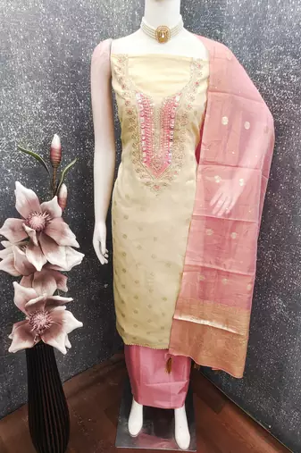  beige & contrast embroidered shimmer unstitched dress material with mirror work
