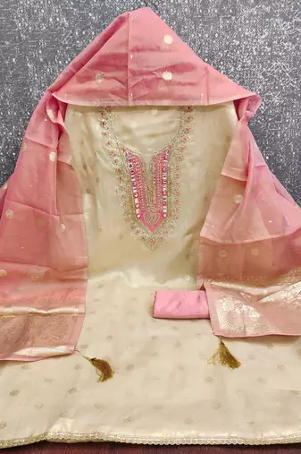  beige & contrast embroidered shimmer unstitched dress material with mirror work