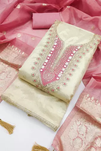  beige & contrast embroidered shimmer unstitched dress material with mirror work