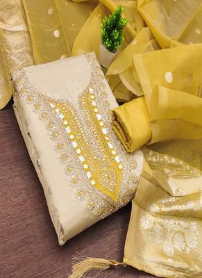  beige & contrast embroidered shimmer unstitched dress material with mirror work 5