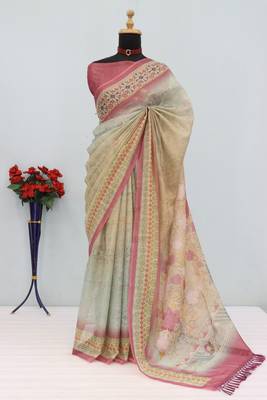 cream pink cotton blend zari weaving floral digital print festive saree with unstitched blouse piece 1