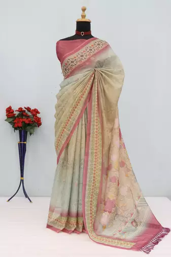 cream pink cotton blend zari weaving floral digital print festive saree with unstitched blouse piece