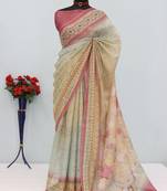 cream pink cotton blend zari weaving floral digital print festive saree with unstitched blouse piece